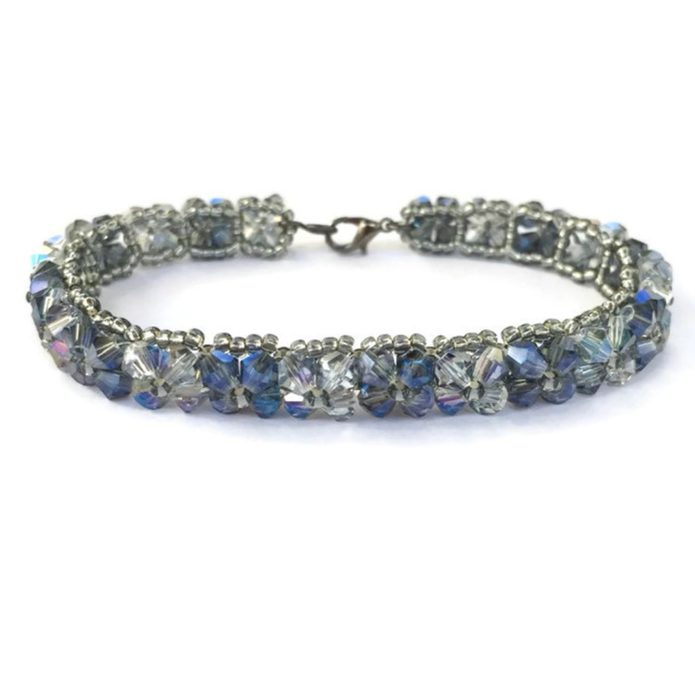Handmade Subtle Blue Bead Woven Crystal Bracelet
